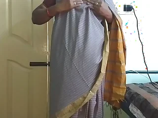 desi  indian tamil telugu kannada malayalam hindi horny cheating spliced vanitha wearing grey colour saree  showing big titties and shaved pussy press hard titties press bite rubbing pussy masturbation